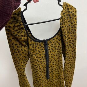 80s Betsy Johnson dress mustard, big sleeves and a hook and eye corset front